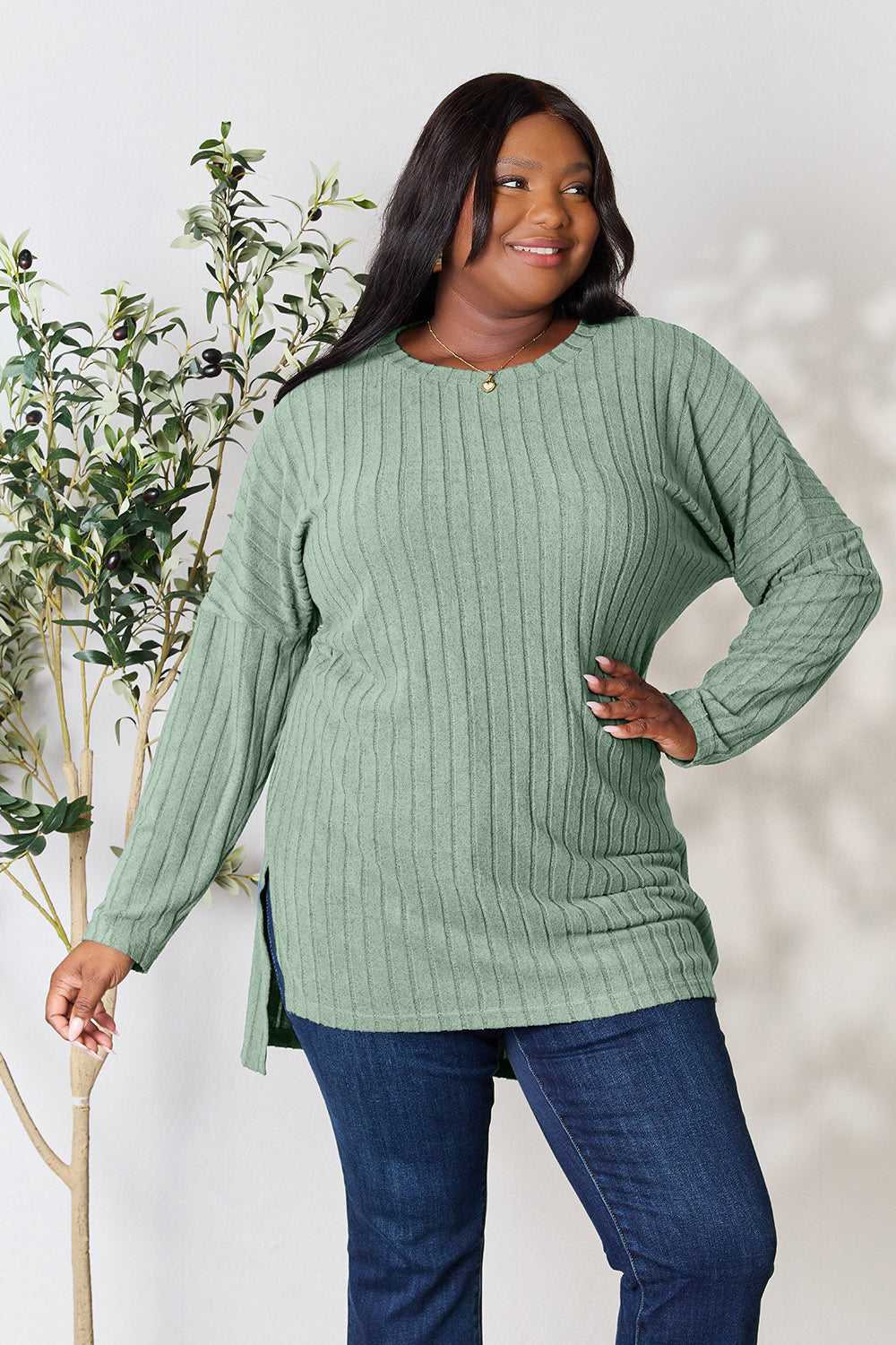 Candiace Ribbed Long Sleeve Slit Top
