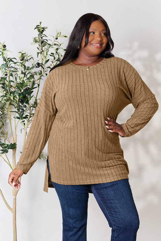 Candiace Ribbed Long Sleeve Slit Top