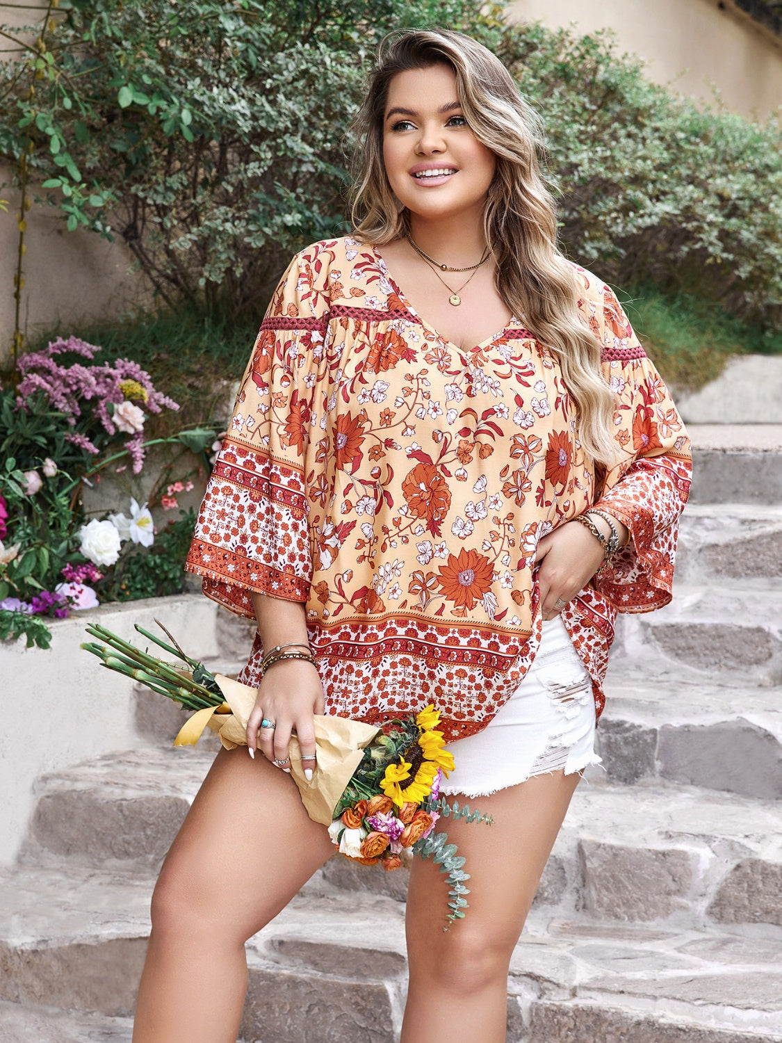 Isadora V-Neck Three-Quarter Sleeve Blouse