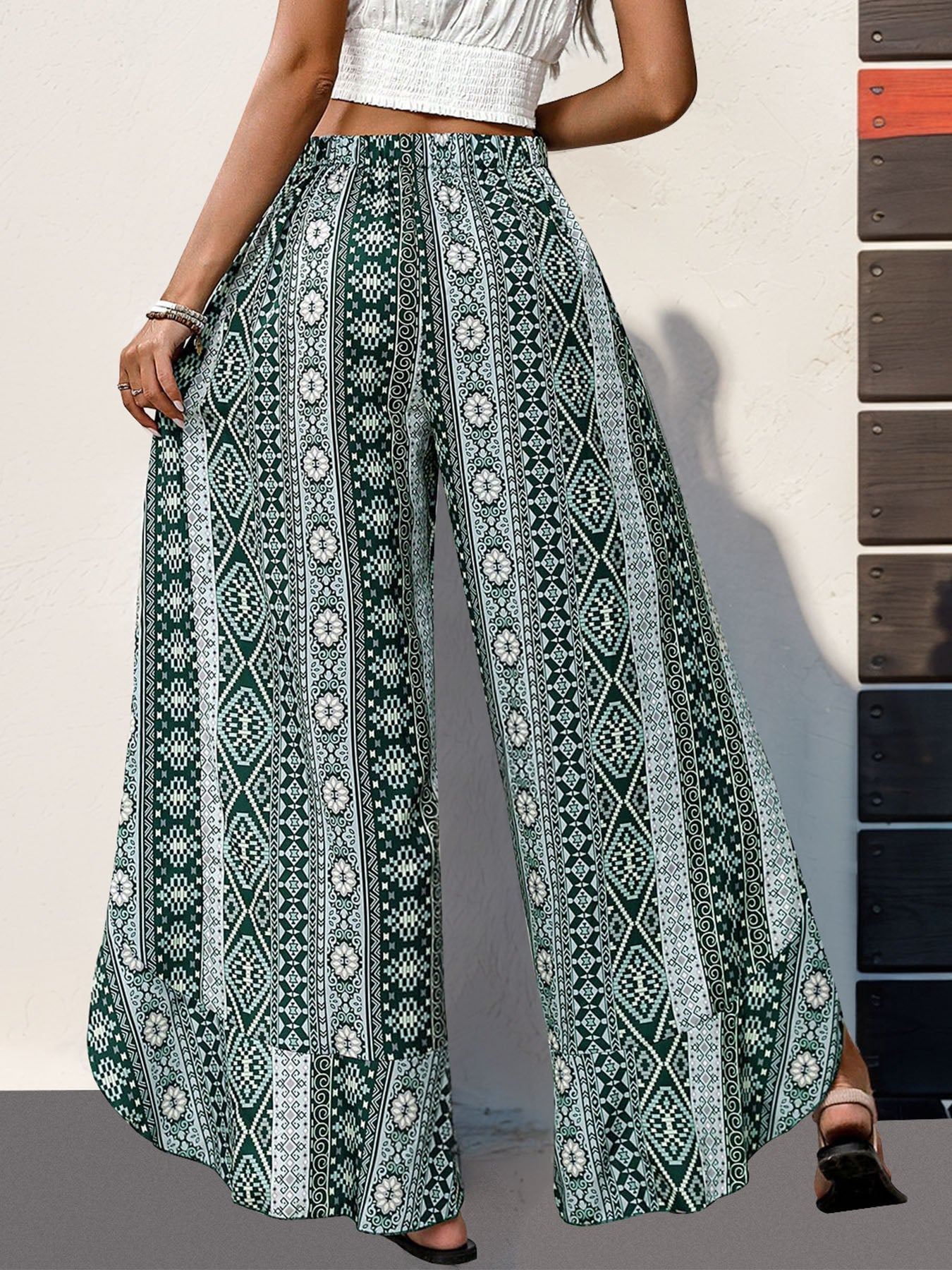 Liora Slit Ruffle Geometric Wide Leg Pants