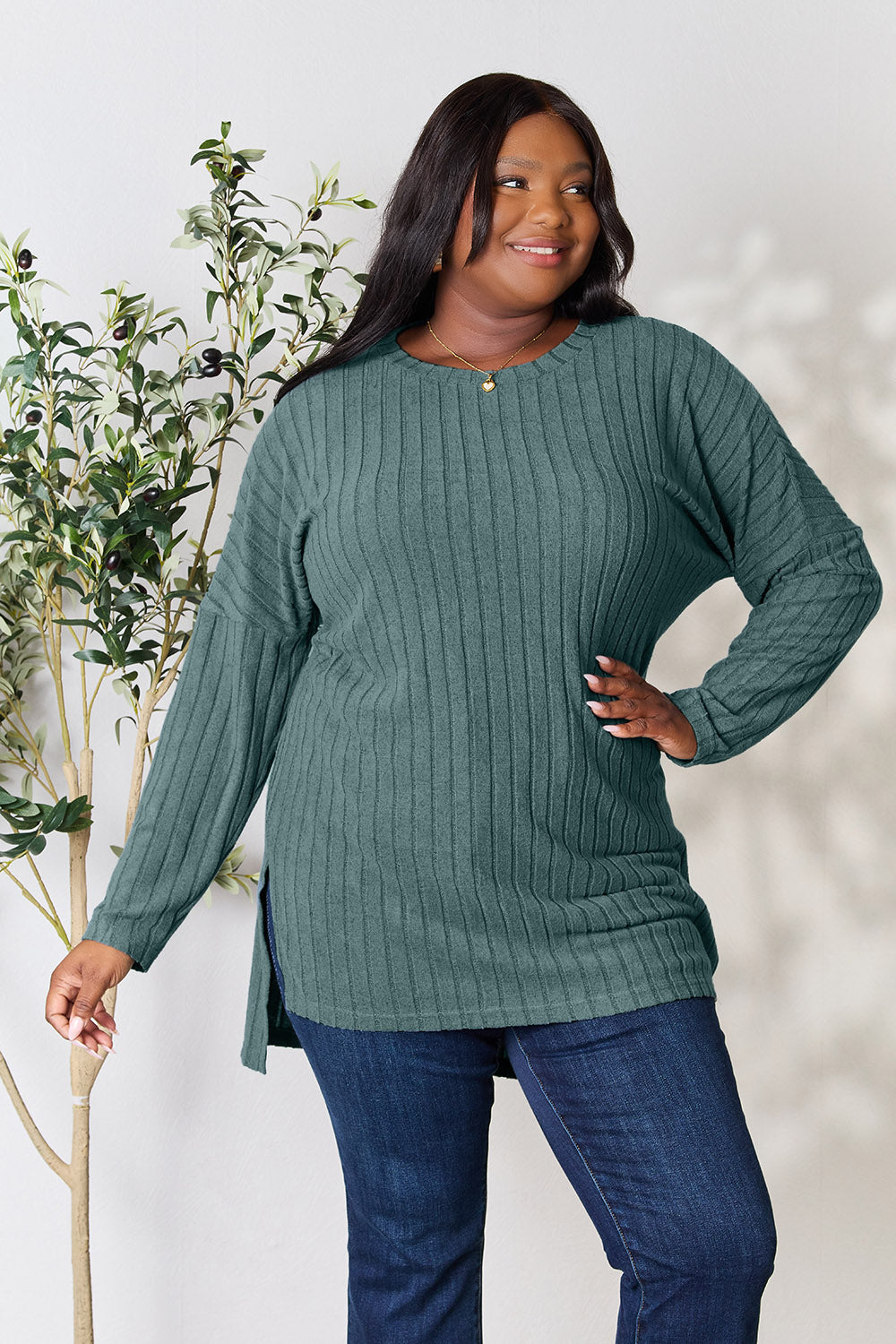 Candiace Ribbed Long Sleeve Slit Top