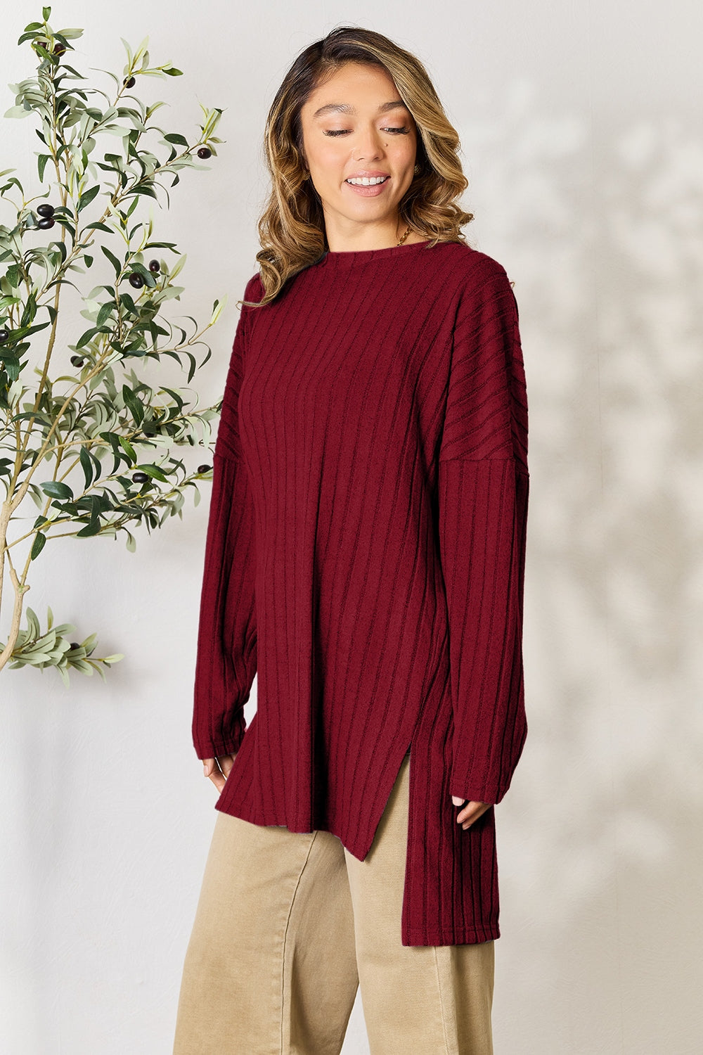 Candiace Ribbed Long Sleeve Slit Top