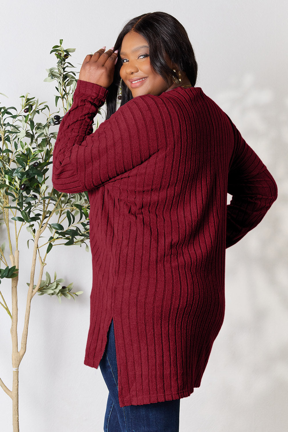 Candiace Ribbed Long Sleeve Slit Top