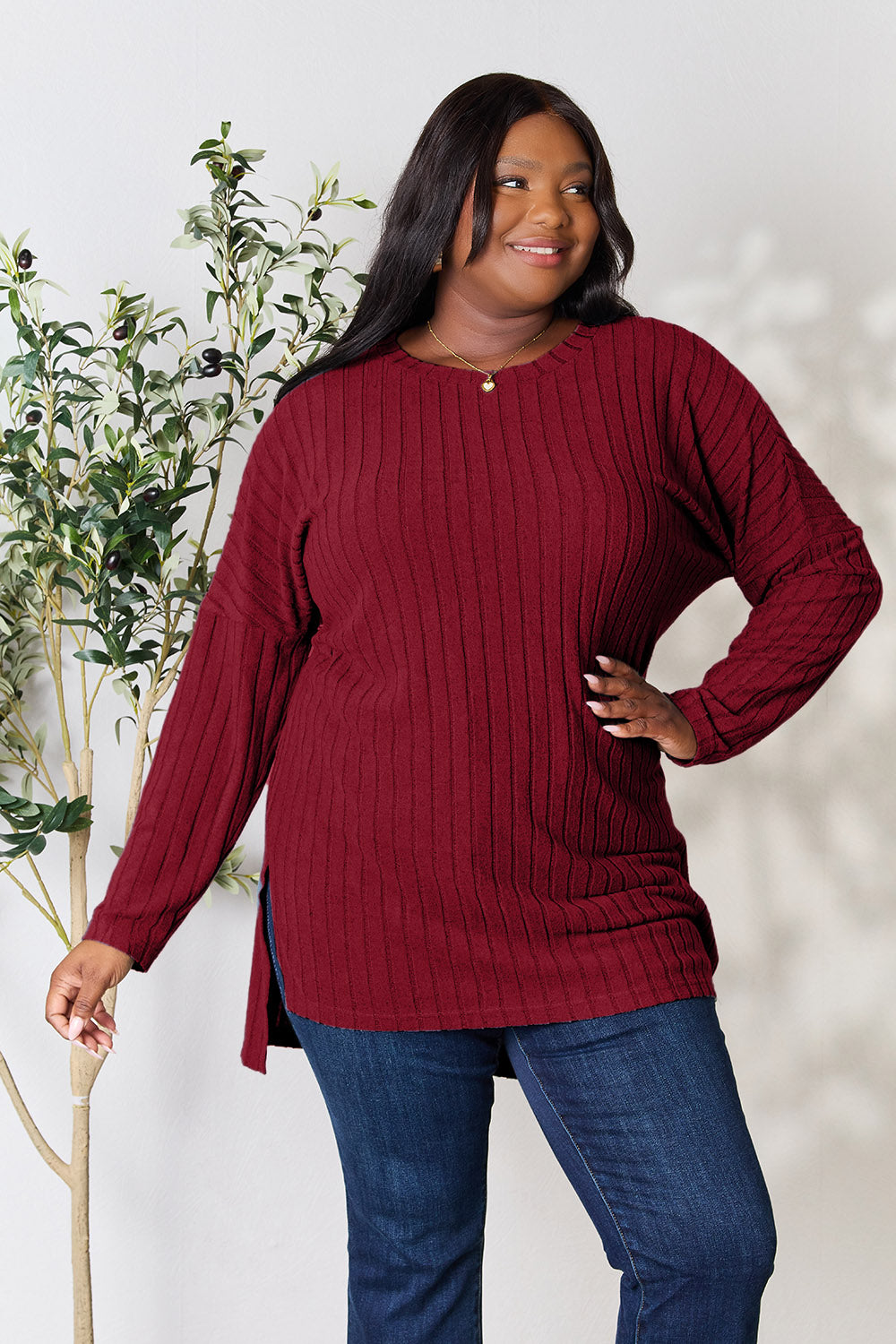 Candiace Ribbed Long Sleeve Slit Top