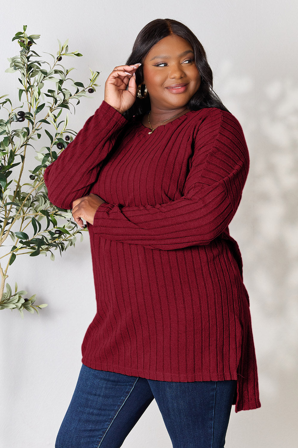 Candiace Ribbed Long Sleeve Slit Top