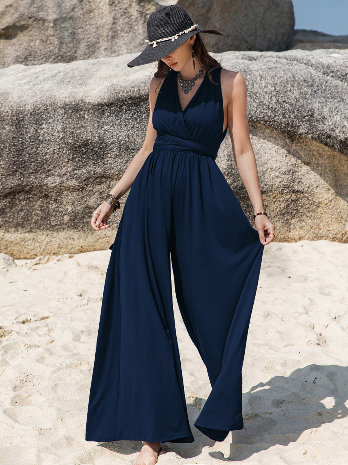 Rosalina Wrap Neckline Tie Back Jumpsuit